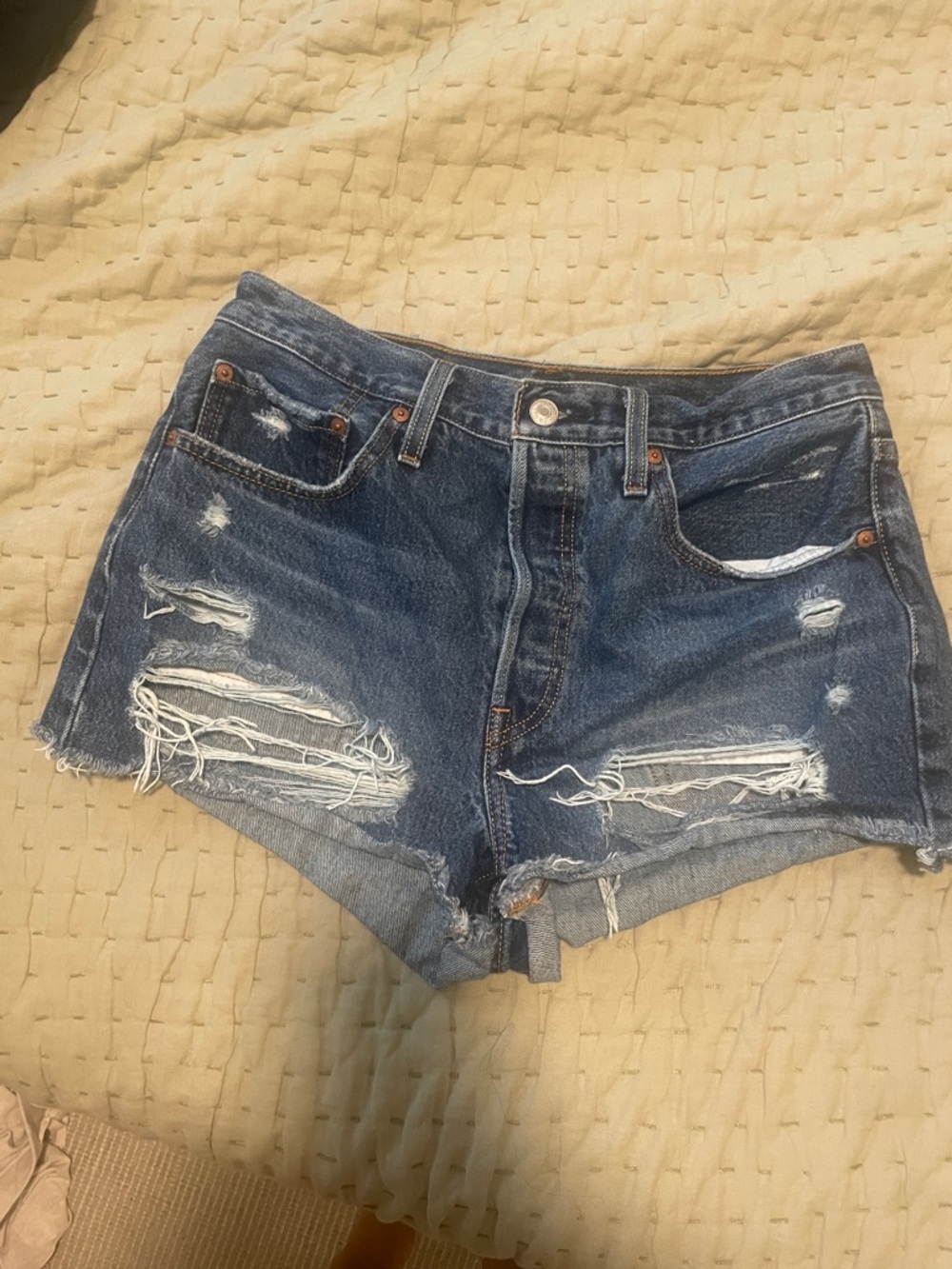 Levi's Dark Blue Distressed Denim Cutoff Shorts